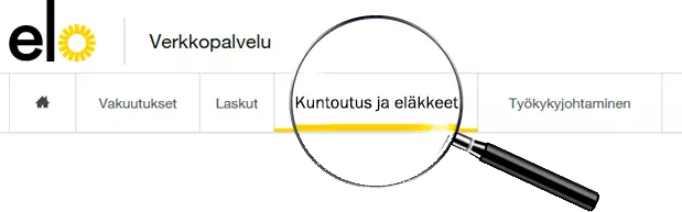 Havinne kuva Elon verkkopalvelun päänavigaatiosta. Kuvassa korostettuna palvelun "kuntoutus ja eläkkee"-välilehti
