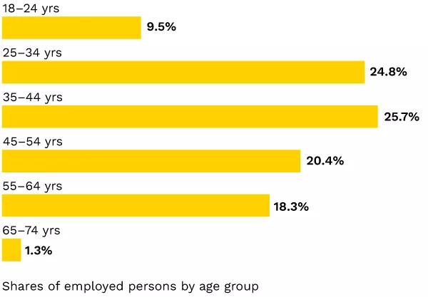 Shares of employed persons by age group