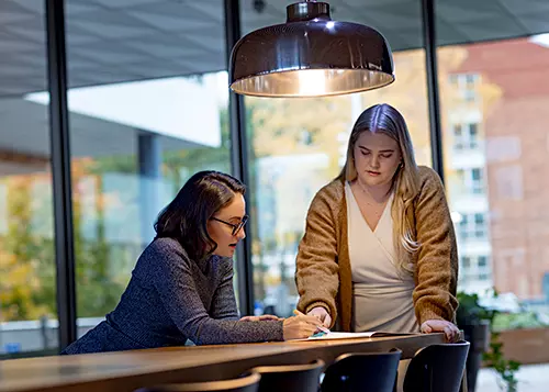 Two women are looking at papers in the office