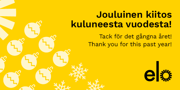 Työeläkeyhtiö Elon joulutervehdys suomeksi, ruotsiksi ja englanniksi.