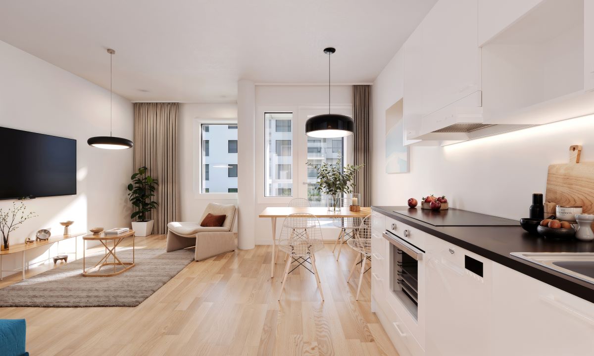 Näkymä yksiön sisätiloista Yliskylässä Helsingissä